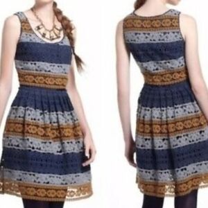 Maeve Navy and Gold Striped Lace Midi Dress